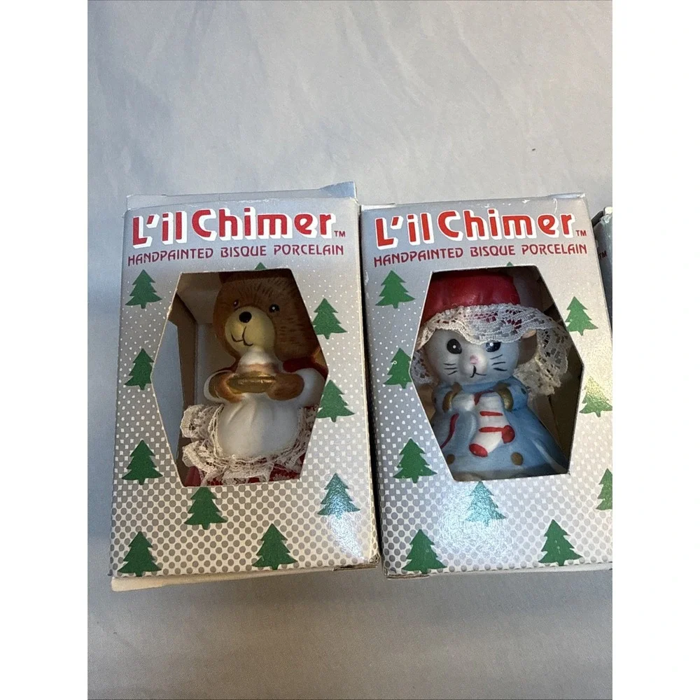 Lot of 4 Vtg Jasco L'il Chimers Christmas Bell Ornaments Porcelain w/ Boxes READ